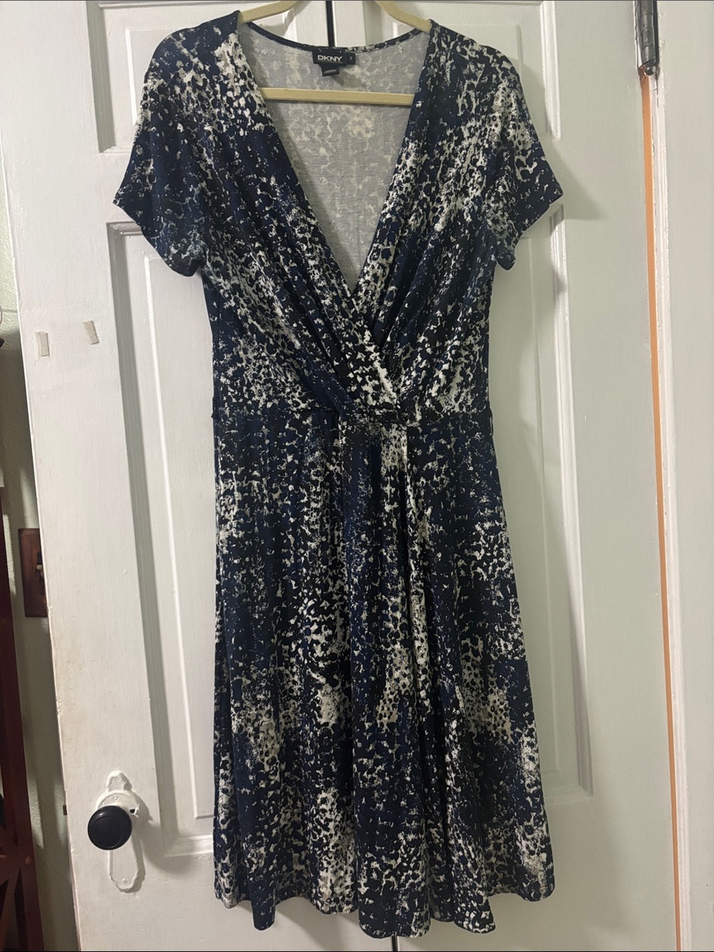 DKNY Navy and White Printed Faux-Wrap Dress